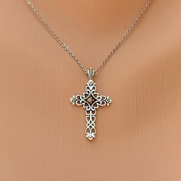 Silver filigree cross necklace with mustard seed center in antique silver, Filigree cross necklace for her, Silver Cross necklace for women