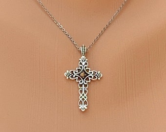 Silver Filigree Cross Necklace: Mustard Seed Center, Stainless Steel Chain