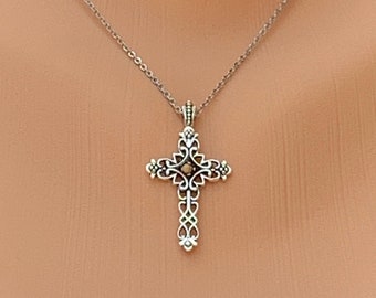 Silver filigree cross necklace with mustard seed center in antique silver, Filigree cross necklace for her, Silver Cross necklace for women