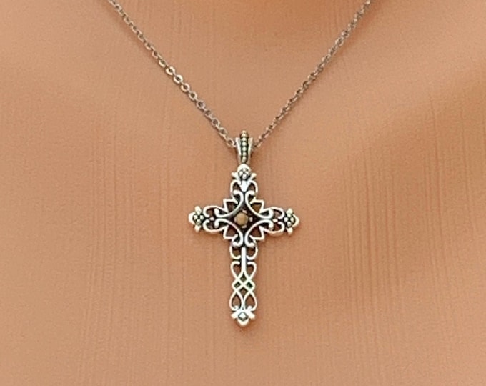 Silver filigree cross necklace with mustard seed center in antique silver, Filigree cross necklace for her, Silver Cross necklace for women