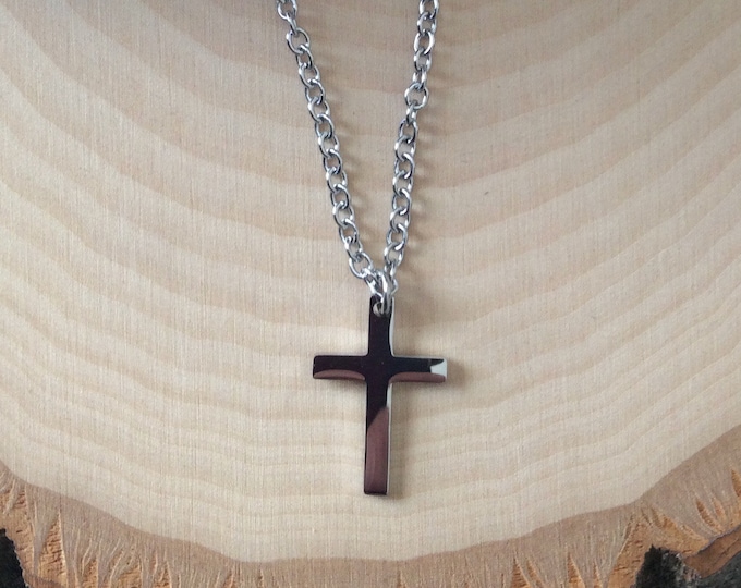 Silver cross necklace for boys and girls, religious cross gift for children, stainless steel non-tarnish cross for boys and girls