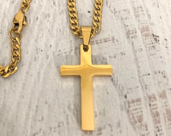 Gold or Silver stainless steel cross and curb chain necklace for men, Medium size 316L Stainless steel cross necklace for him