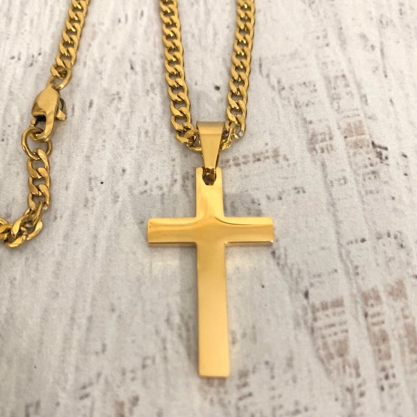 Gold or Silver stainless steel cross and curb chain necklace for men, Medium size 316L Stainless steel cross necklace for him