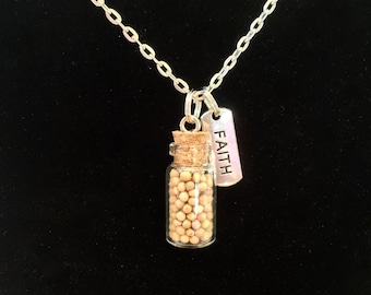 Faith of a Mustard Seed necklace, Mustard Seed Necklace in Antique Silver with full glass bottle of mustard seeds and faith tag