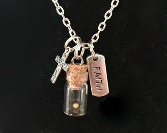 Faith Mustard seed charm necklace, Glass bottle single mustard seed with cross and faith tag charm necklace Matthew 17 20 faith necklace