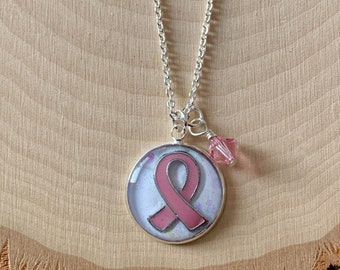 Pink ribbon breast cancer awareness silver charm necklace with pink Swarovski crystal charm, Breast cancer warrior pink and silver necklace