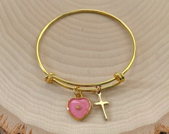 Faith of a mustard seed heart and cross bracelet for young girls in gold with pink heart and real mustard seed, heart and cross faith bangle