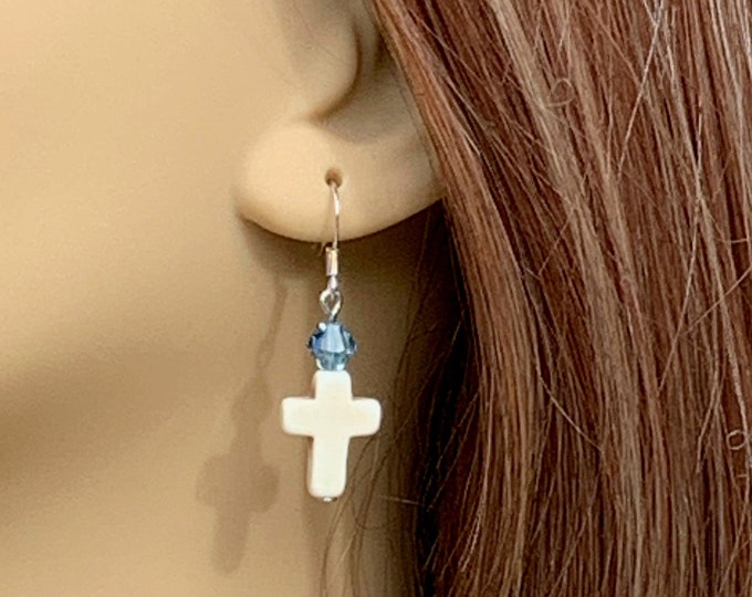 White cross and light blue Swarovski crystal drop earrings with silver hooks, Religious cross earrings for her,  Easter cross earrings her