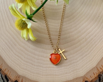 Gold mustard seed necklace for women and girls with orange center heart and gold cross, Faith of a mustard seed, Matthew 17 20 heart pendant