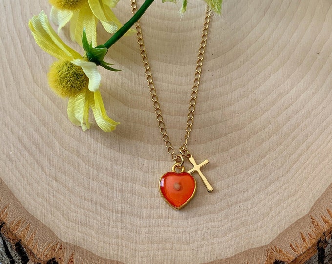 Gold mustard seed necklace for women and girls with orange center heart and gold cross, Faith of a mustard seed, Matthew 17 20 heart pendant