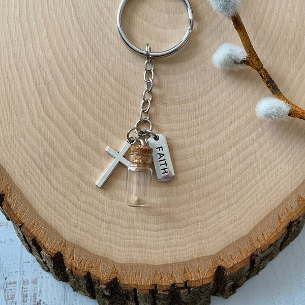 Faith of a mustard Seed Keychain with real mustard seed, Religious mustard seed keychain, Christian keychain for him or her