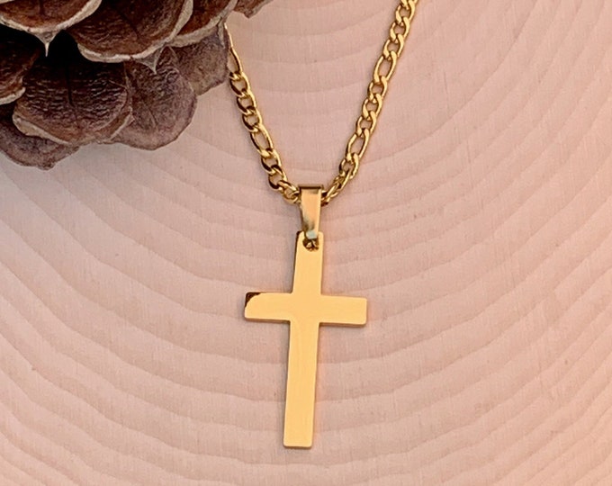 Gold cross necklace for men, gold stainless steel cross and figaro chain for men and boys, Gold figaro chain and cross gift for him