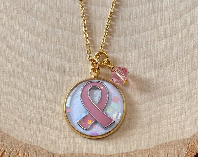 Pink ribbon breast cancer awareness gold charm necklace with pink ribbon and pink Swarovski crystal charm, Breast cancer warrior necklace