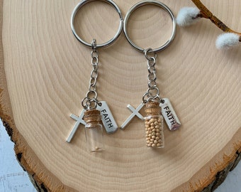 Faith of a mustard seed keychain with real mustard seed, single seed or full bottle mustard seed keychain with scripture verse Matthew 17:20