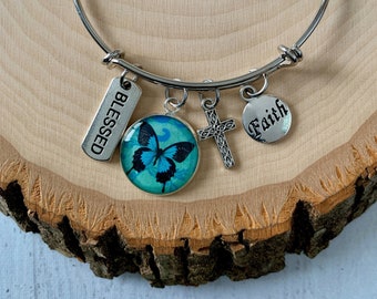 Blue butterfly christian bangle bracelet, Blessed is she scripture bracelet, blessed bangle for women, Silver christian charm bracelet