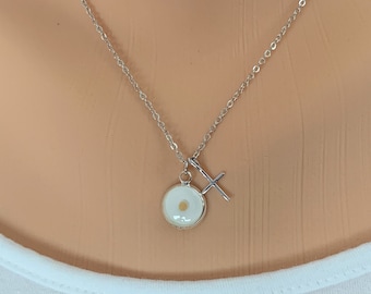Faith of a mustard seed necklace in silver and white with cross, Dainty silver mustard seed pendant with cross, Matthew 17 20