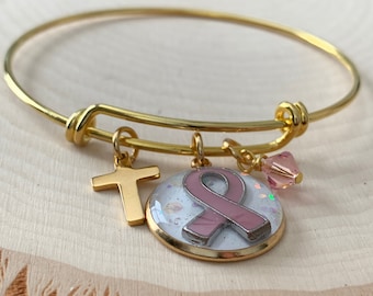 Breast cancer awareness gold bangle bracelet with pink ribbon charm and gold cross with pink Swarovski crystal, Psalm 139 14 scripture