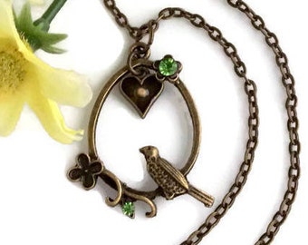 Faith of mustard seed antique bronze pendant with bird,  Faith of a mustard seed bird with heart and mustard seed in antique bronze