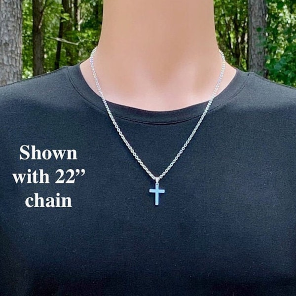 Silver or gold stainless steel cross necklace for men and teen boys, Small tarnish resistant stainless steel cross necklace for him