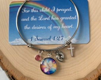 Rainbow baby bangle bracelet, For this child I prayed bracelet, Rainbow after the storm baby, Miracle baby scripture bracelet, New Mom gift