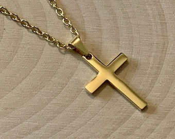 Gold Stainless Steel Cross Necklace: Christian Religious Pendant