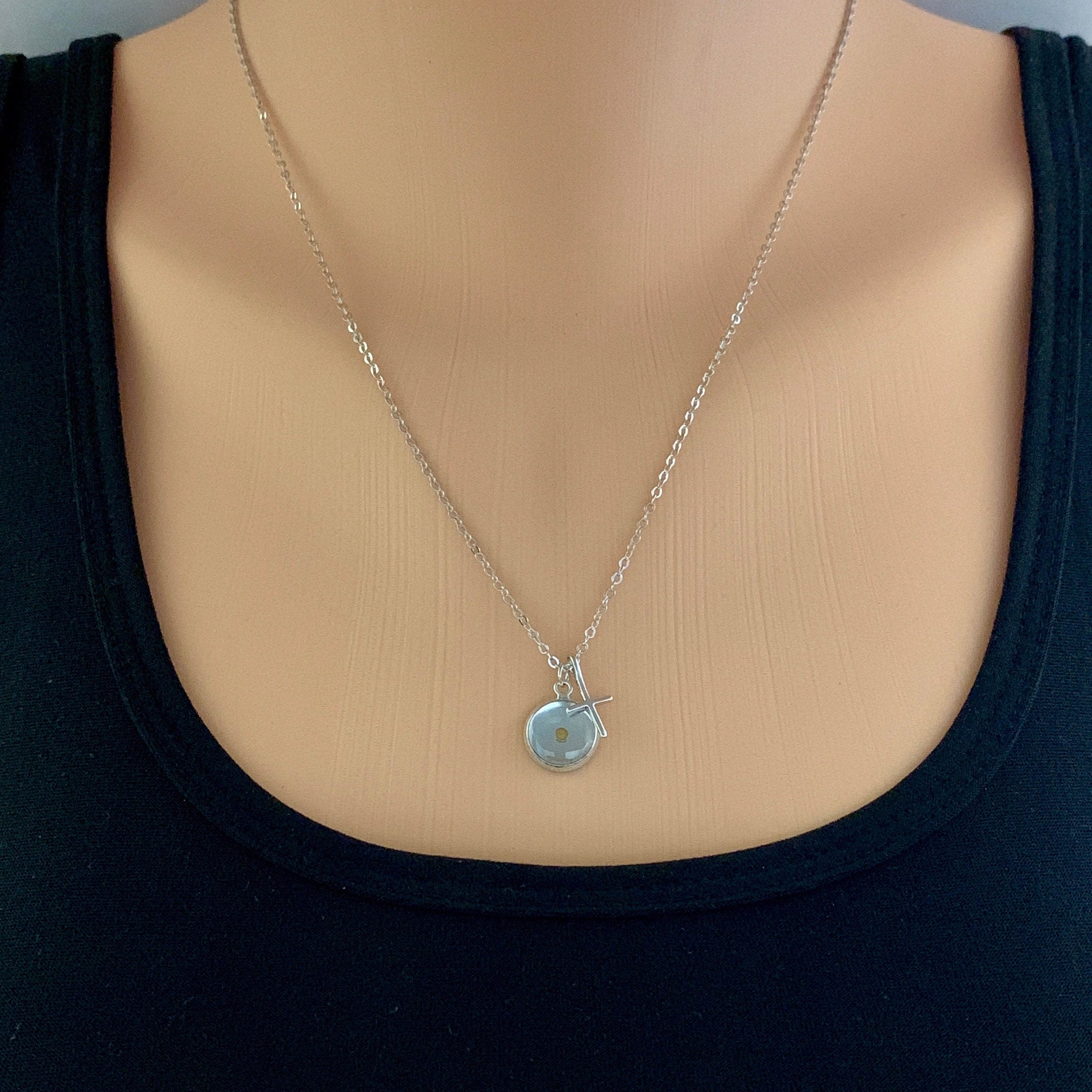 Silver faith of a mustard seed charm necklace with tiny cross, delicate
