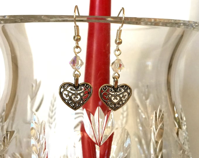 Swarovski crystal and heart drop earrings, Filigree heart and crystal drop earrings, Romantic Earrings, Crystal pierced earrings for her