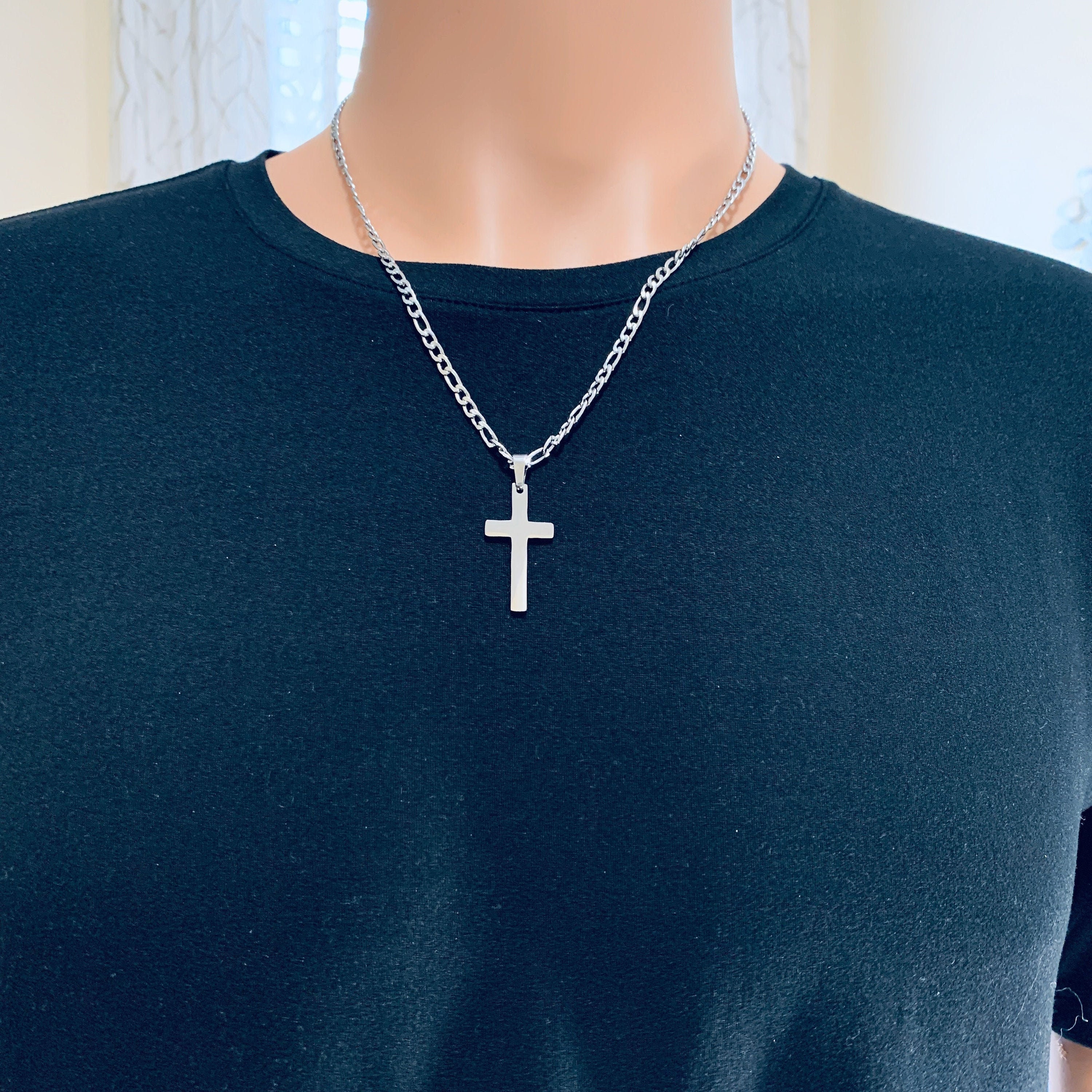 Silver Cross Necklace For Him Stainless Steel Cross And Figaro Chain For Men Cross Necklace