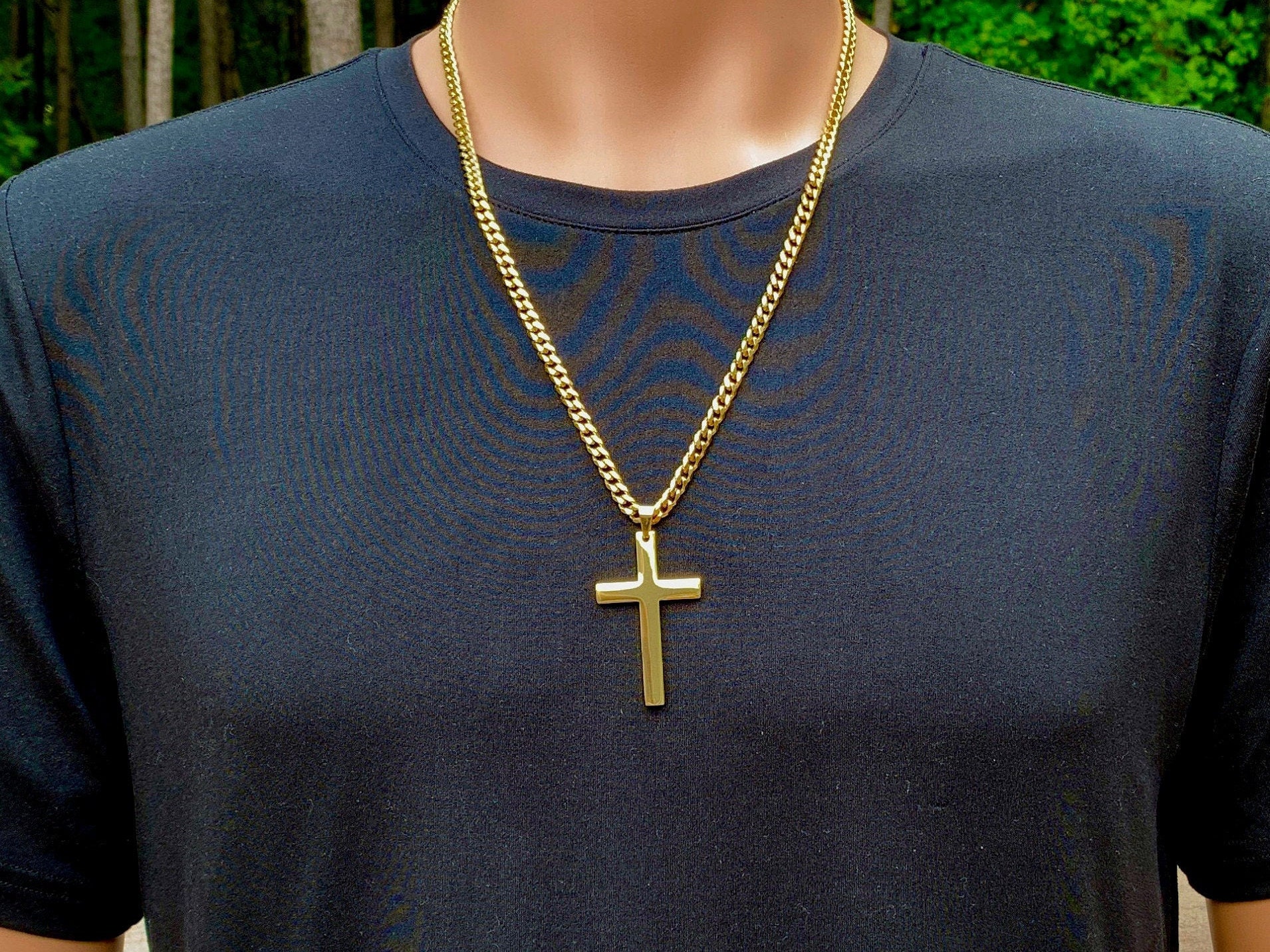 Large gold cross necklace for men with thick curb chain, Gold 316L ...