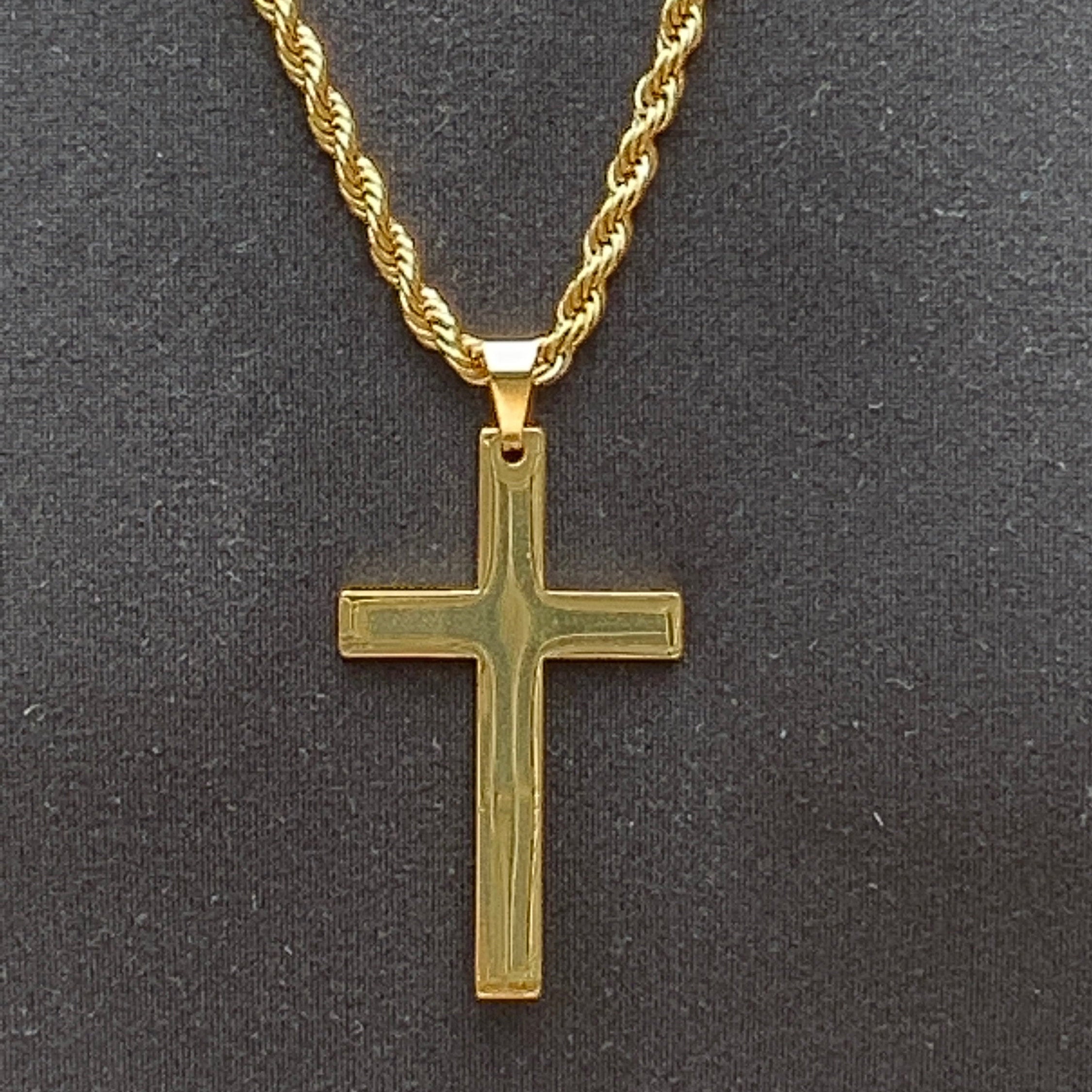 Large gold stainless steel cross necklace for men on a twisted rope ...