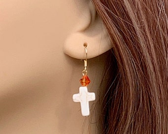 White cross and yellow orange Swarovski crystal drop earrings with gold hooks, fire orange Swarovski crystal and white cross dangle earrings