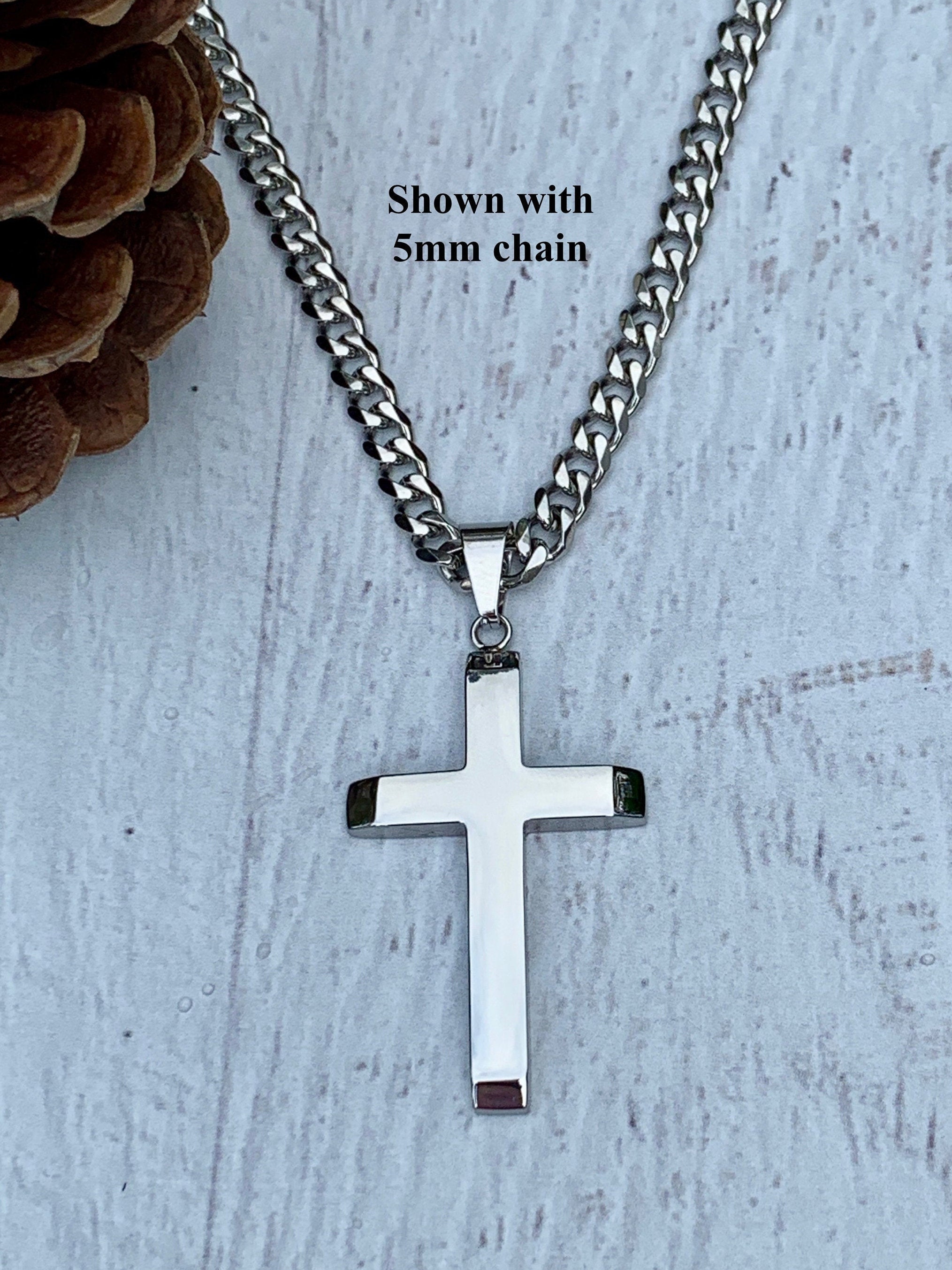 Silver stainless steel cross for men, Silver cross with beveled edges