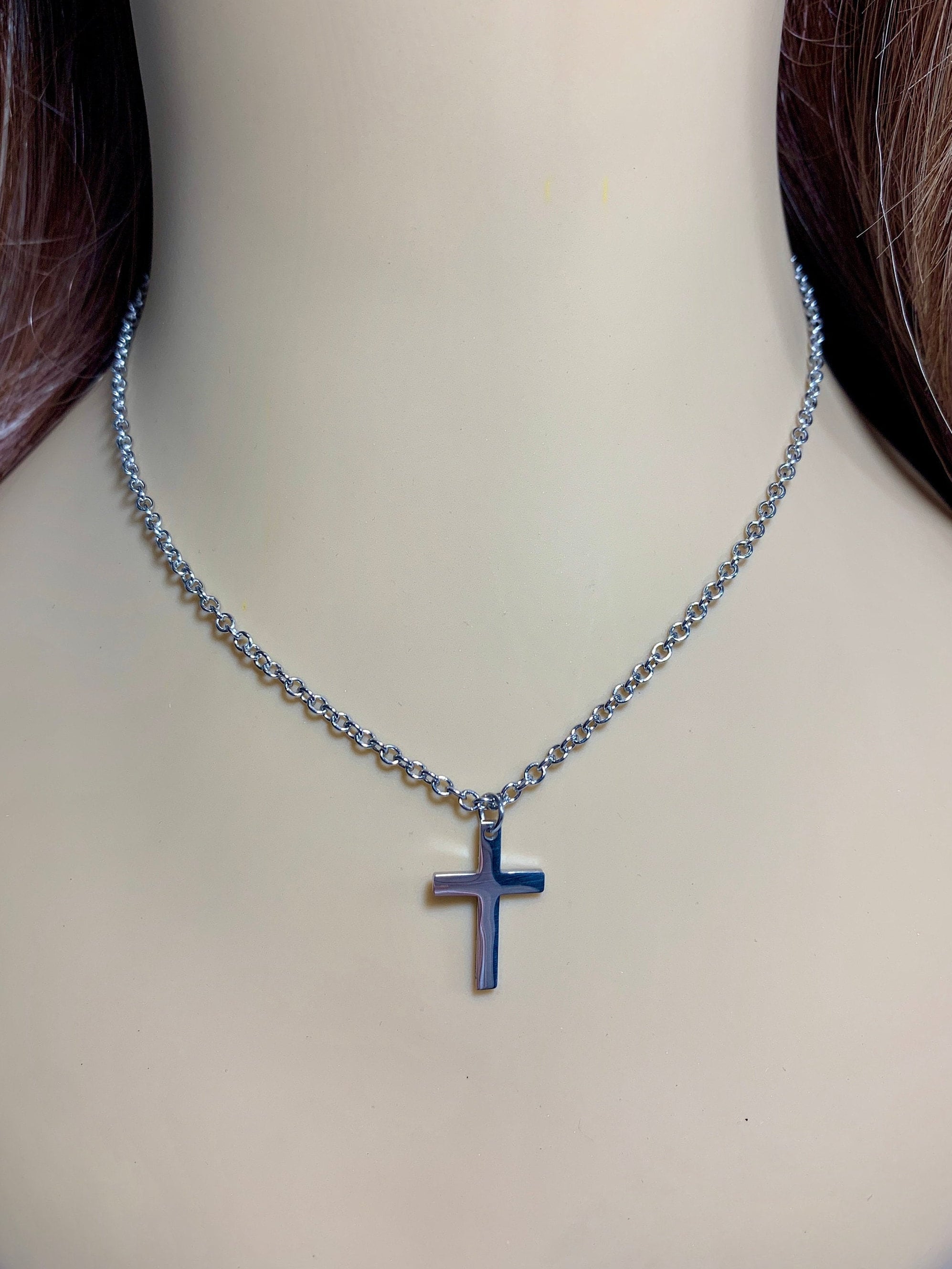 Silver cross necklace for boys and girls, religious cross gift for
