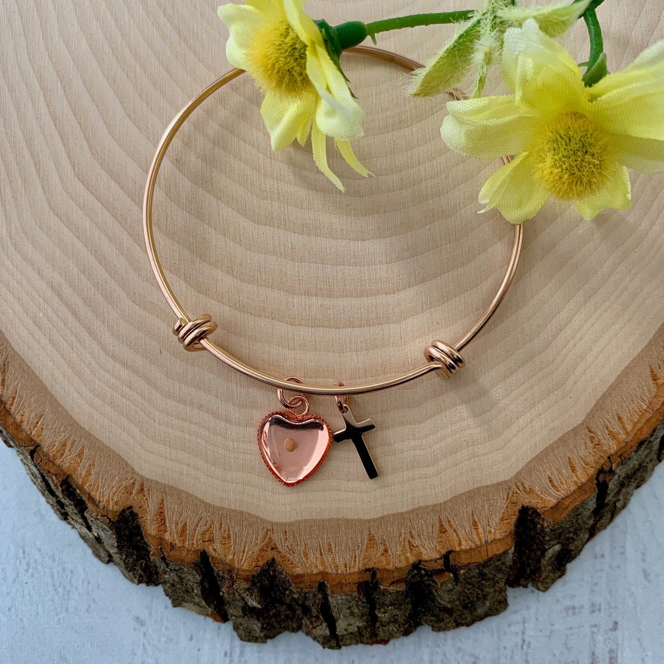 Faith of mustard seed bangle bracelet in rose gold, rose gold heart