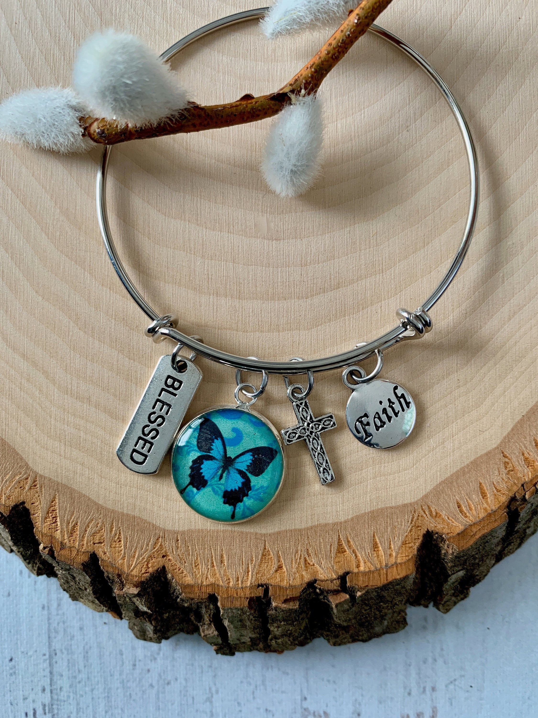 Blue butterfly christian bangle bracelet, Blessed is she scripture