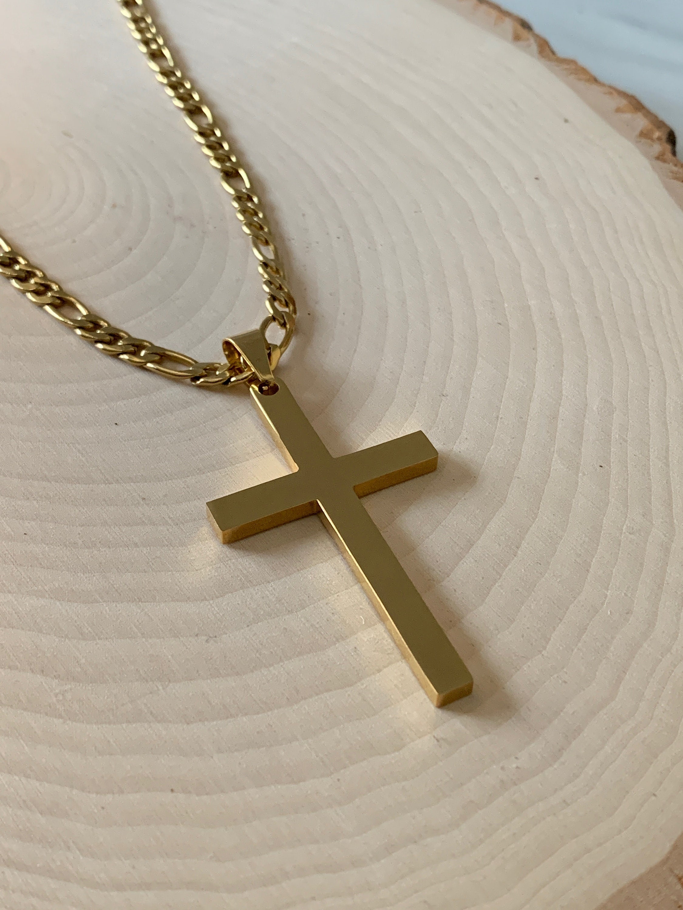 Large gold cross necklace for men with Figaro chain, Gold 316L ...