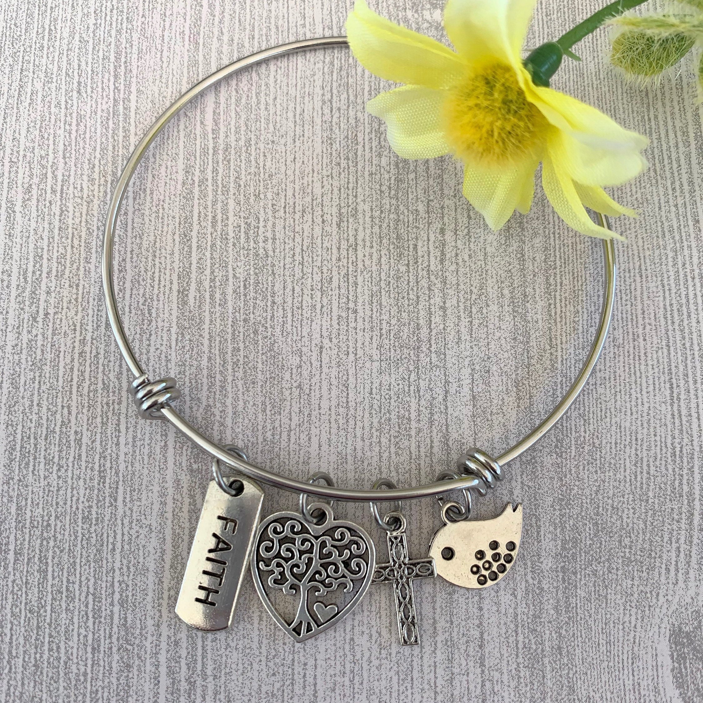 Silver christian charm bangle bracelet for women, Stainless steel