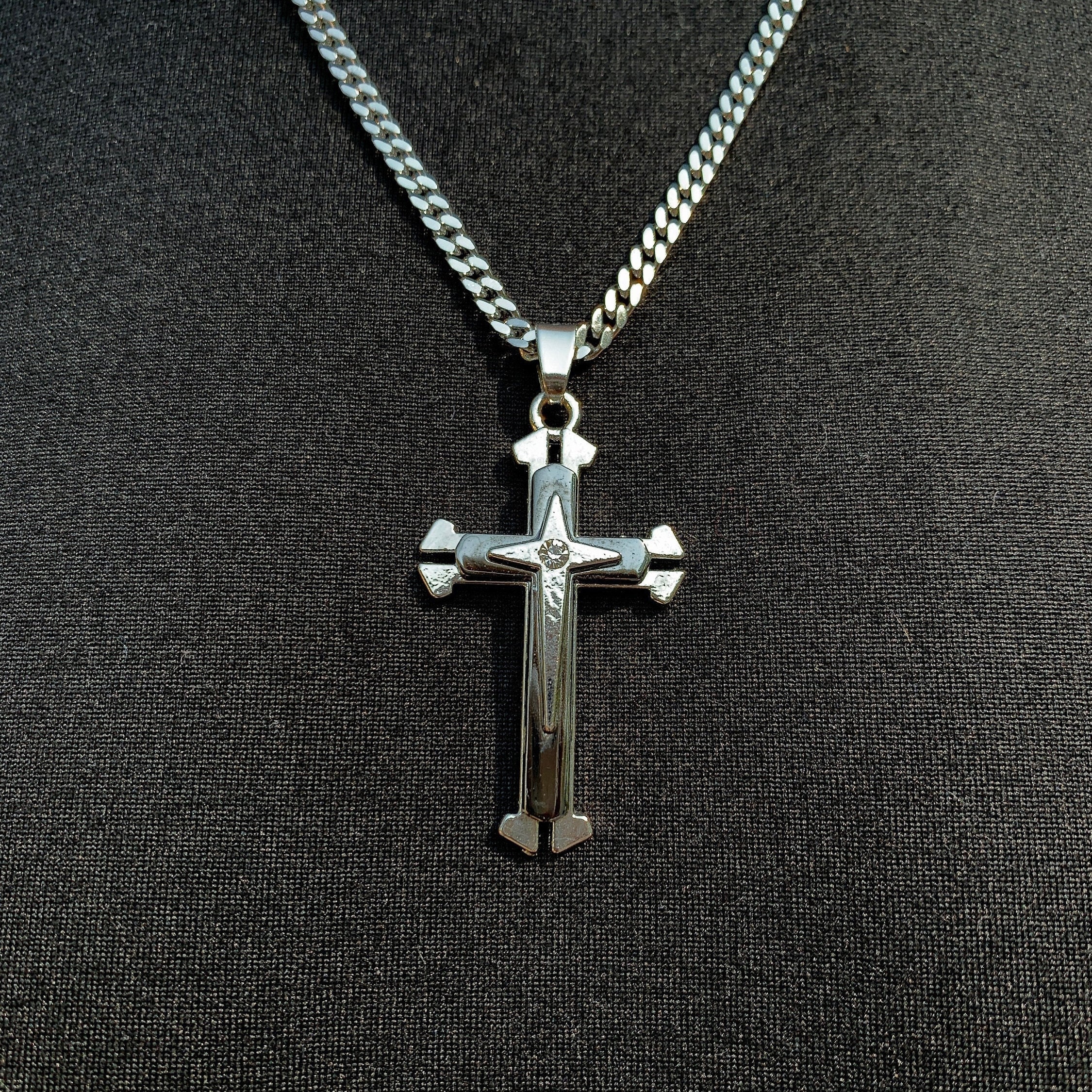 Stainless steel cross necklace for men, silver and stone grey cross ...