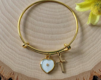 Mustard seed heart bracelet in gold with white heart & cross for girls, Faith of mustard seed religious bangle bracelet for girls