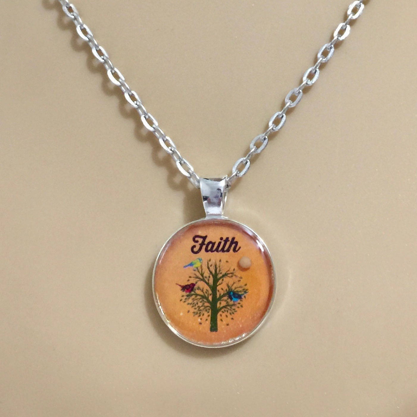 Faith of a mustard seed silver pendant with tree of life and faith word