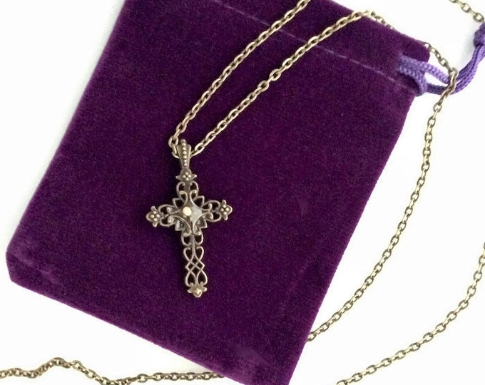 Antique bronze filigree cross necklace with mustard seed, Bronze Filigree cross necklace for women, Faith of a mustard seed necklace