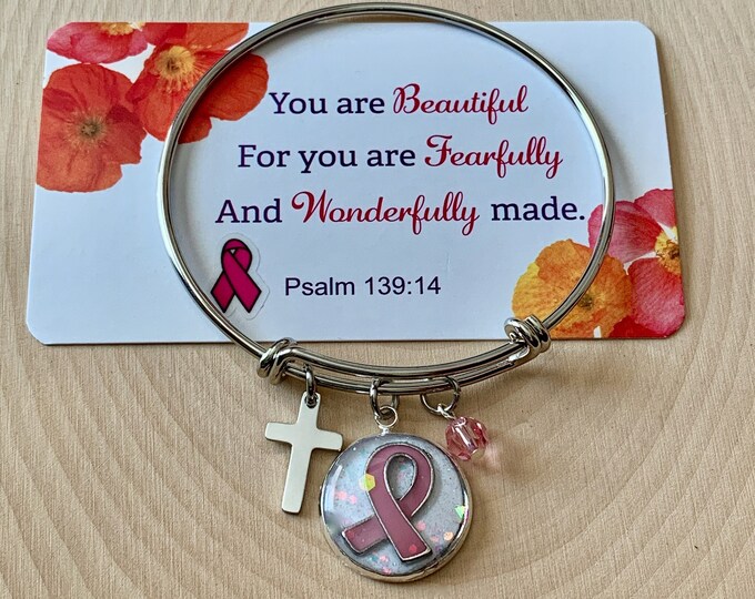 Breast cancer awareness silver bangle bracelet with pink ribbon charm and silver cross with pink Swarovski crystal, Psalm 139 14 scripture