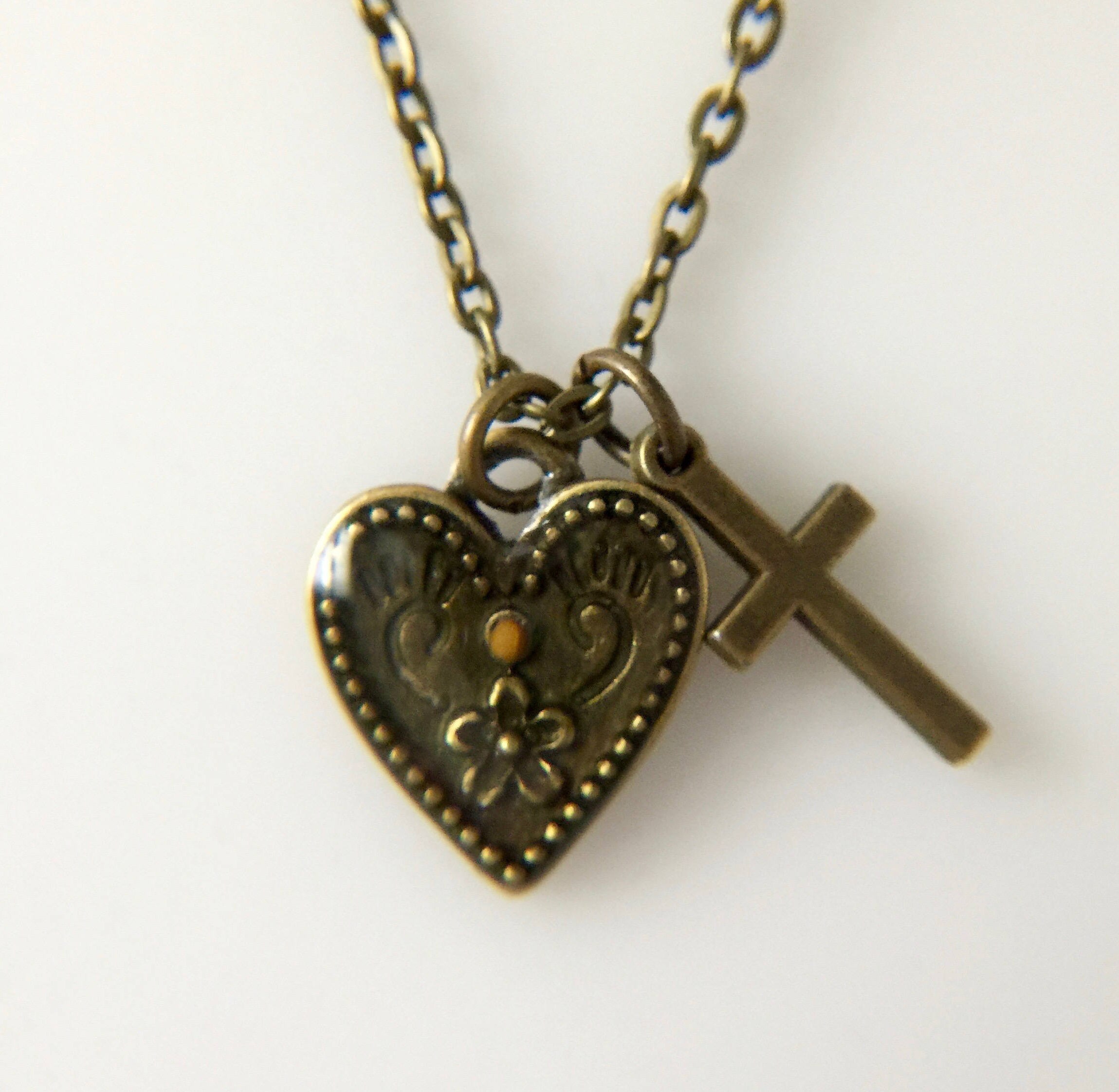 Faith of a mustard seed antique bronze heart and cross necklace with