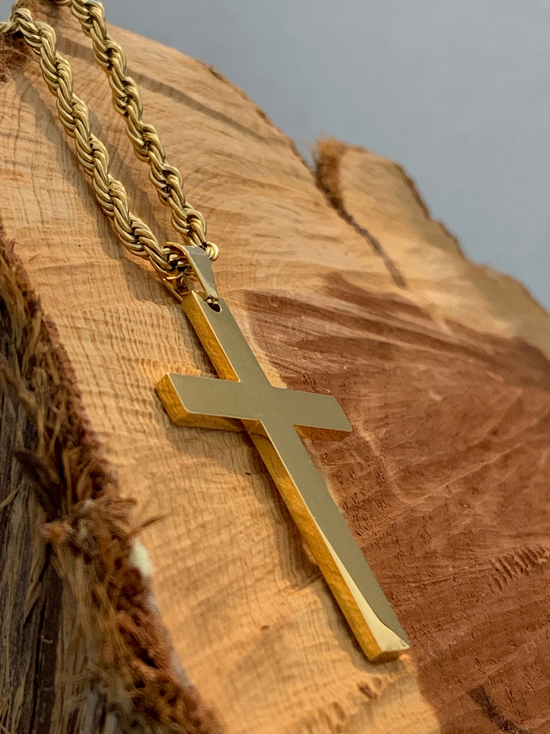 Large gold stainless steel cross necklace for men on a twisted rope