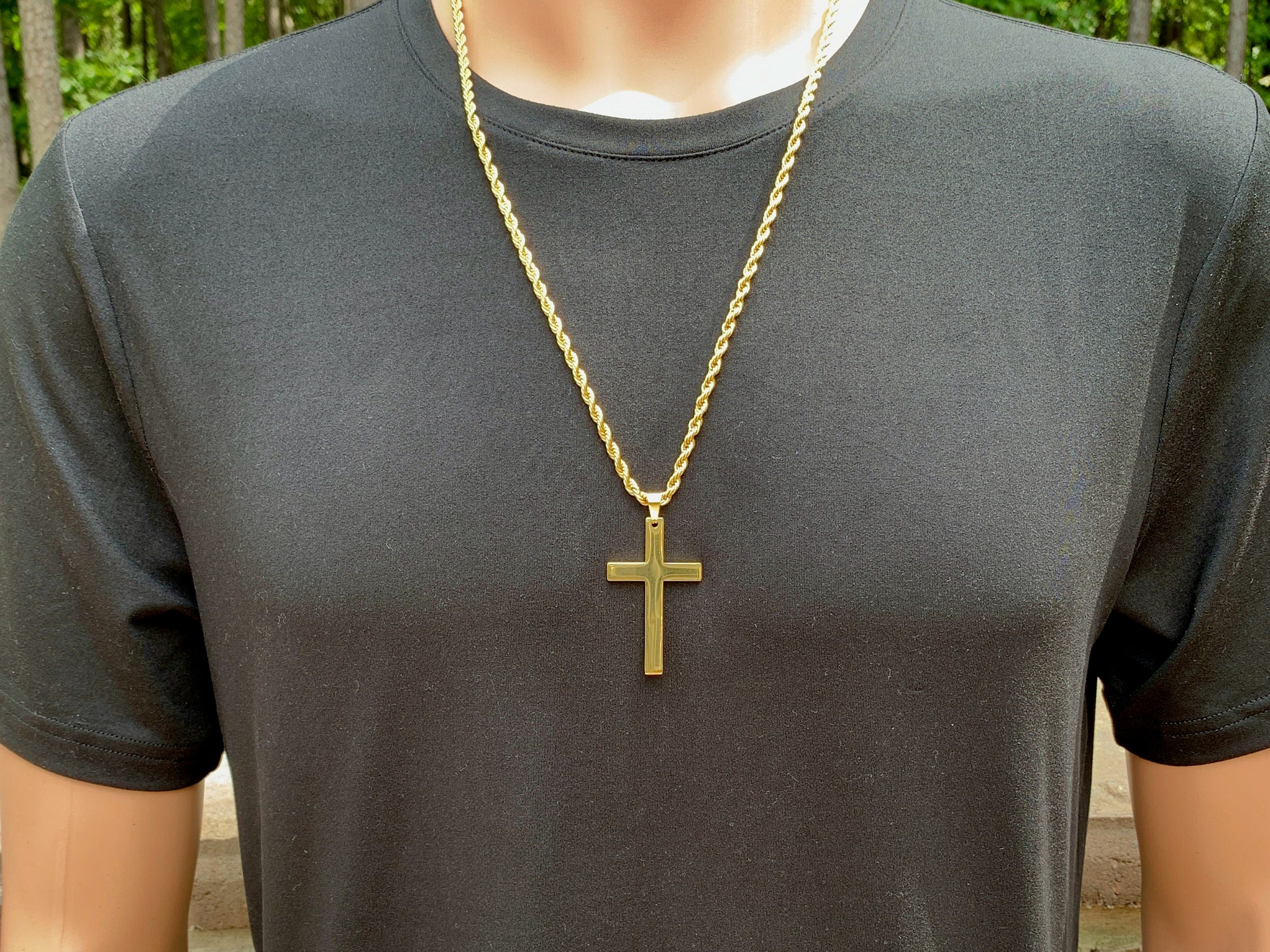 Large gold stainless steel cross necklace for men on a twisted rope