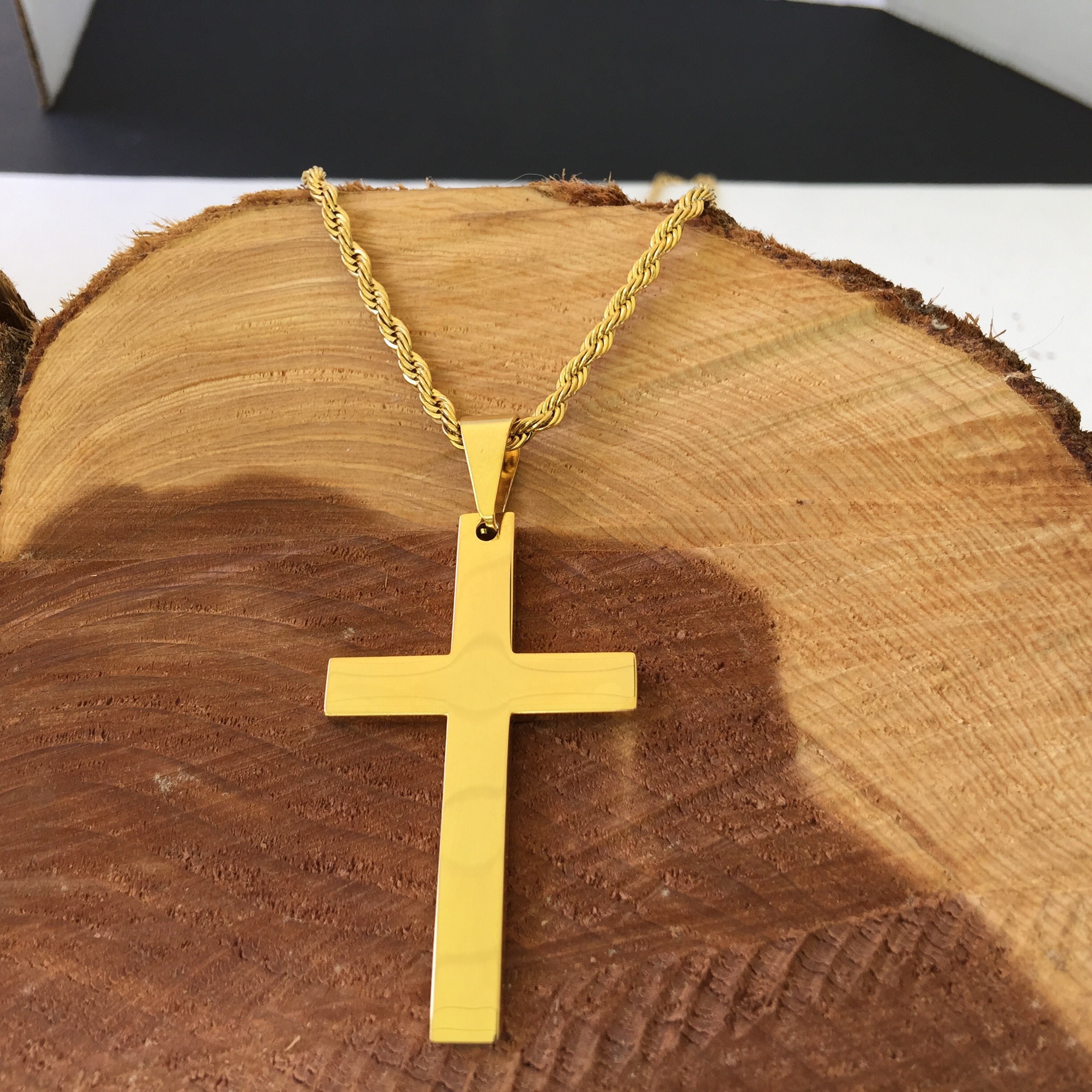 Gold cross necklace for men, highly polished gold stainless steel cross with gold curb chain