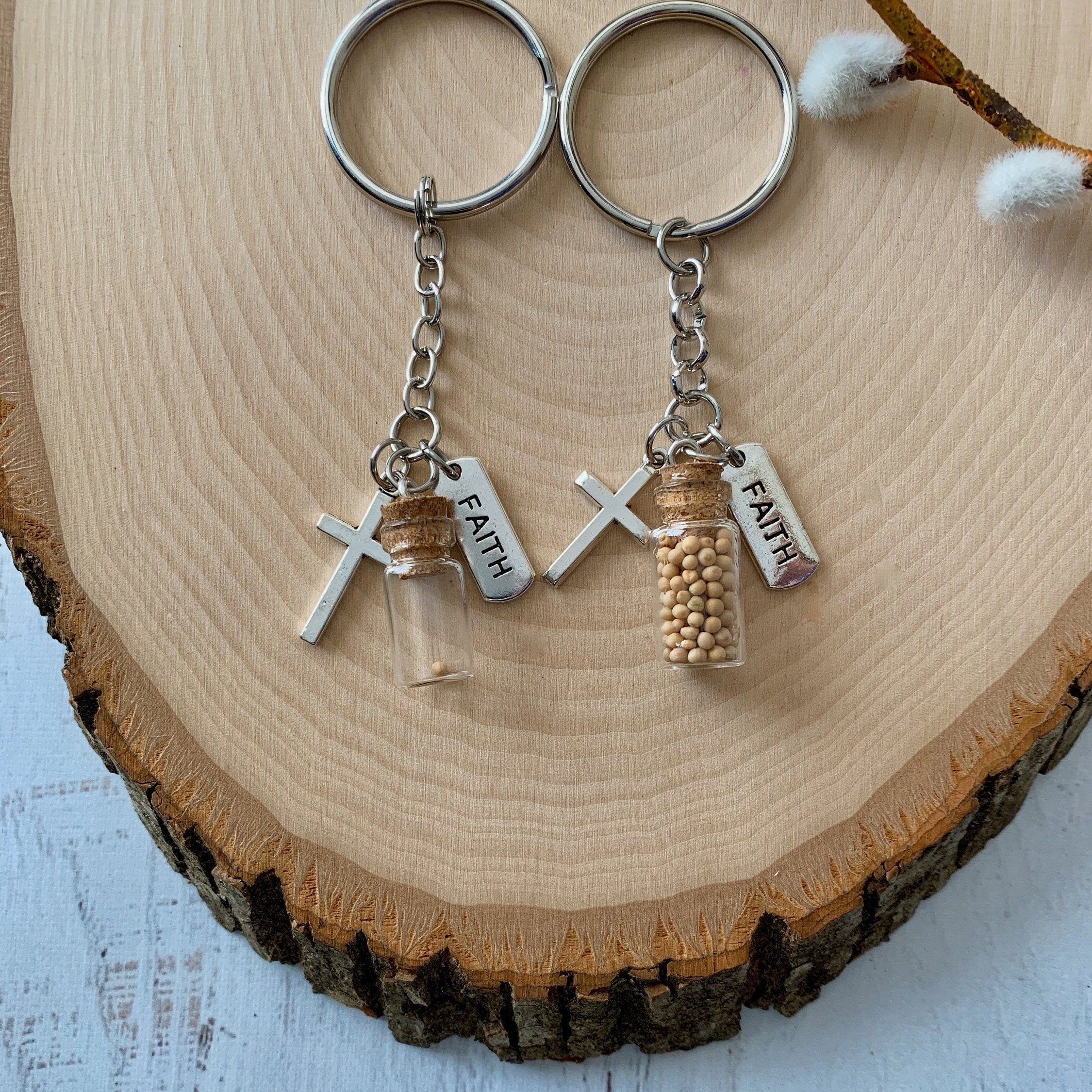 Faith of a mustard seed keychain with real mustard seed, single seed or