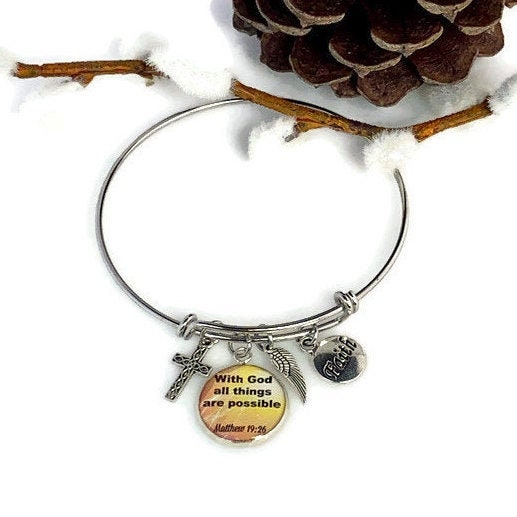 Christian bangle bracelet With God all things are possible, Matthew 19 26 silver charm bracelet With God all things are possible