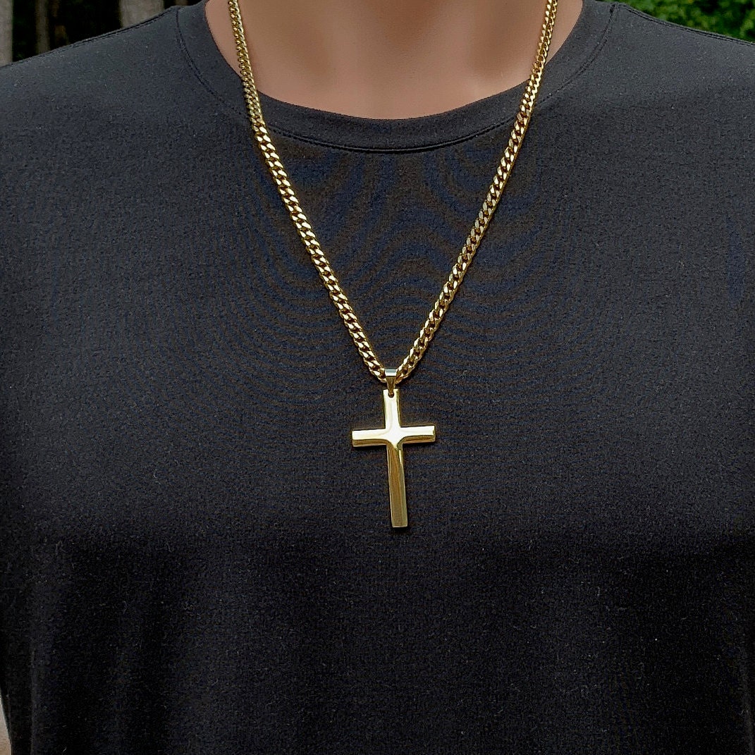 Large gold cross necklace for men with thick curb chain, Gold 316L ...