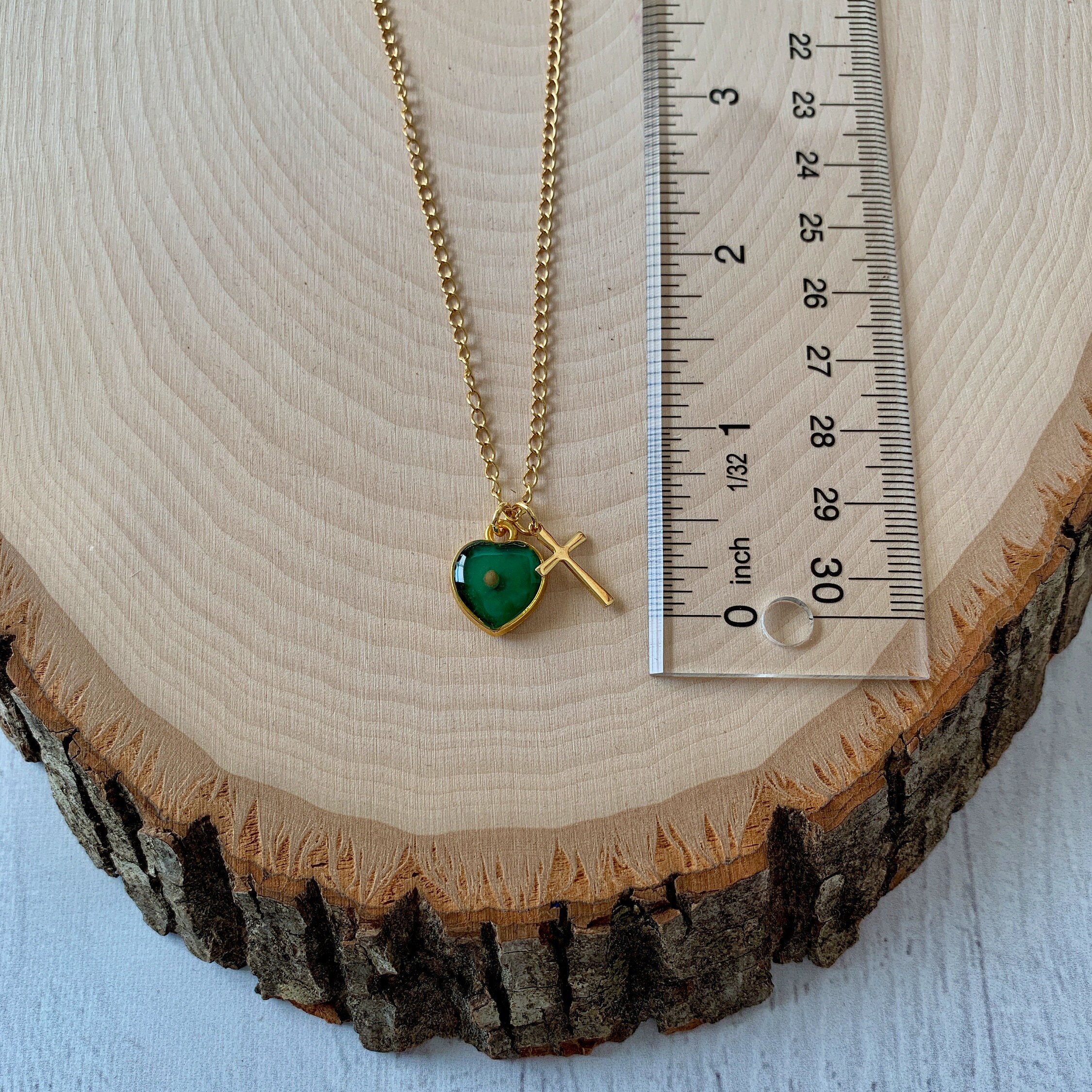 Gold mustard seed necklace for women and girls with emerald green heart